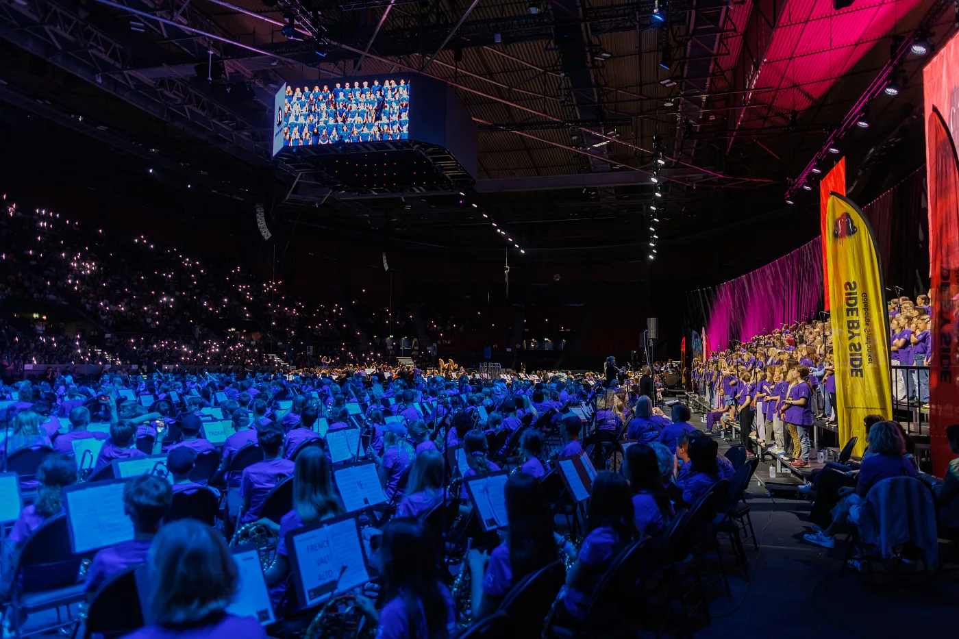 Scandinavium in blue light at a concert of the Side by Side children’s orchestra camp, Gothenburg