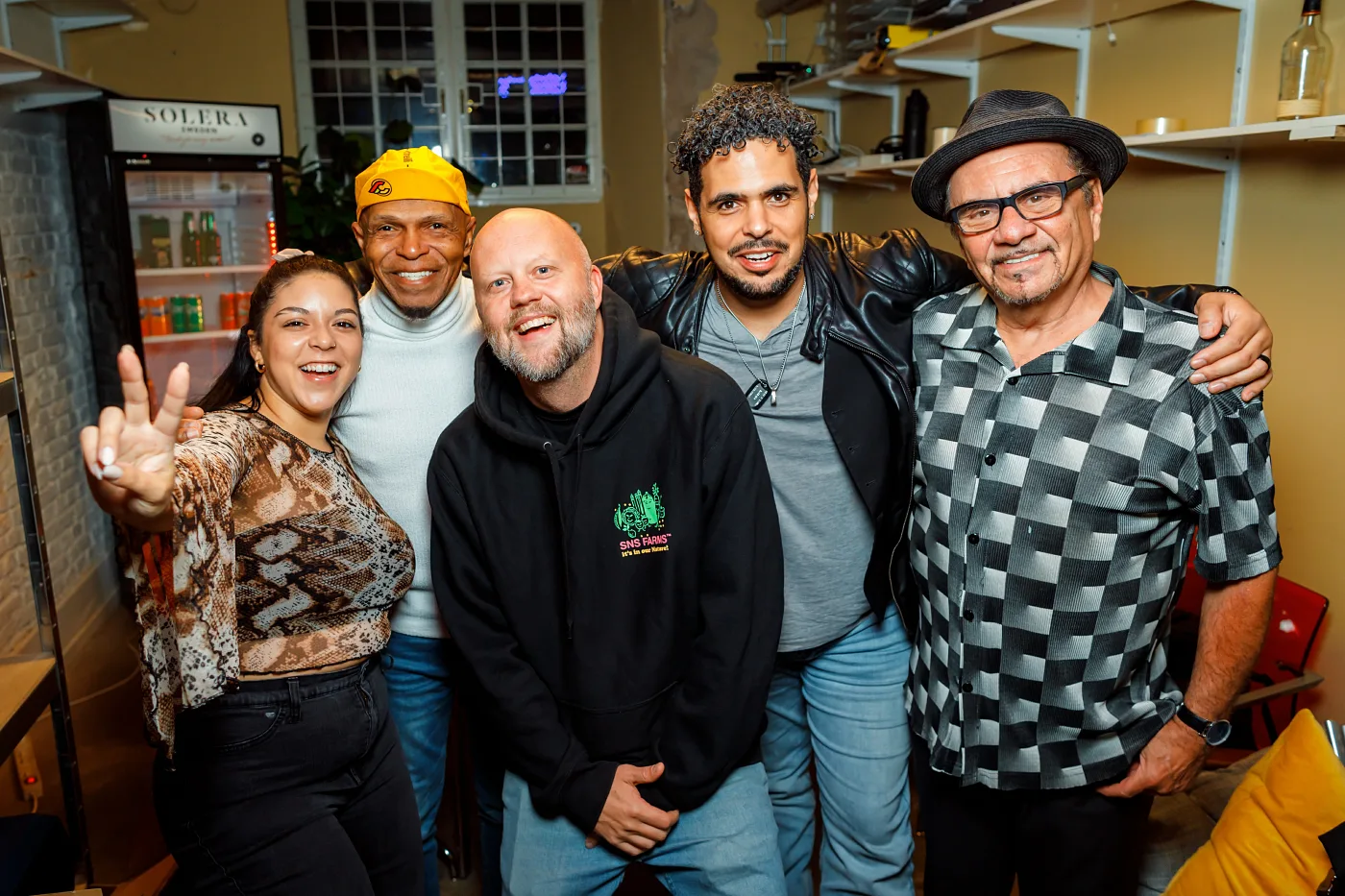 Musicians and organisers in a group photo backstage at Nefertiti, Gothenburg