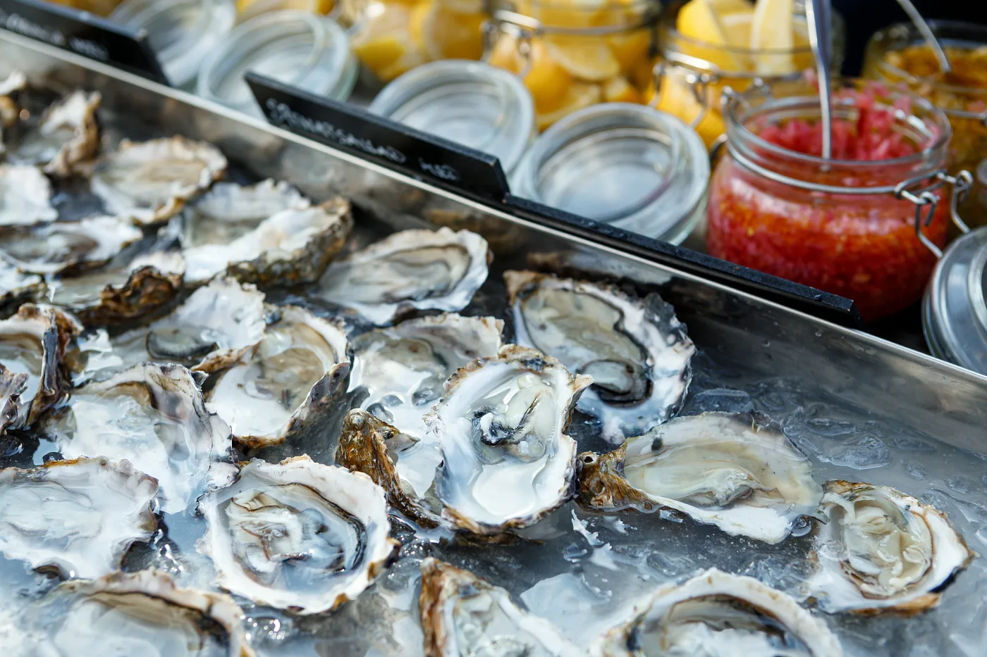 Freshly opened oysters on ice with lemon and sauces beside them